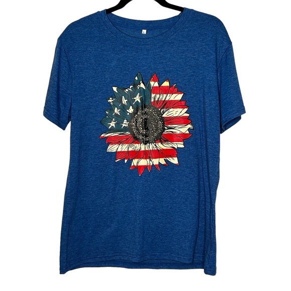 Blue Short Sleeve T-Shirt w/American Flag Sunflower Graphic Sz L - Picture 1 of 8